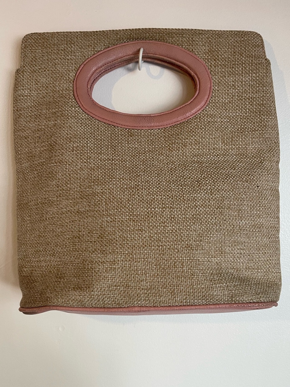 Pink Beige Woven Burlap Canvas Cutout Handle Tote Bag One Size